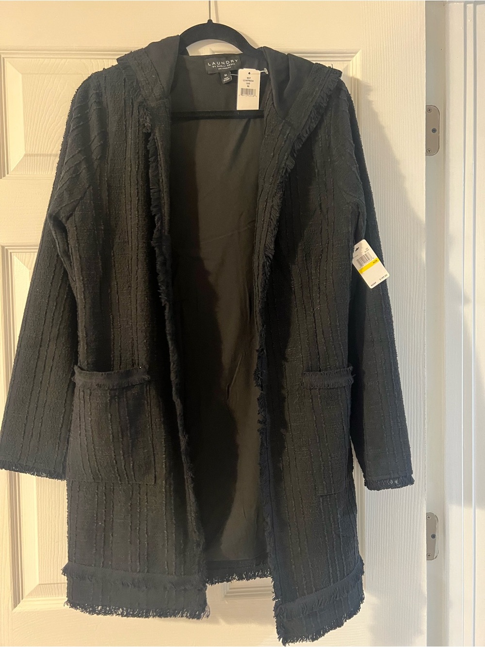 Laundry By Shelli Segal Black Hooded Open Front Fringe Cardigan